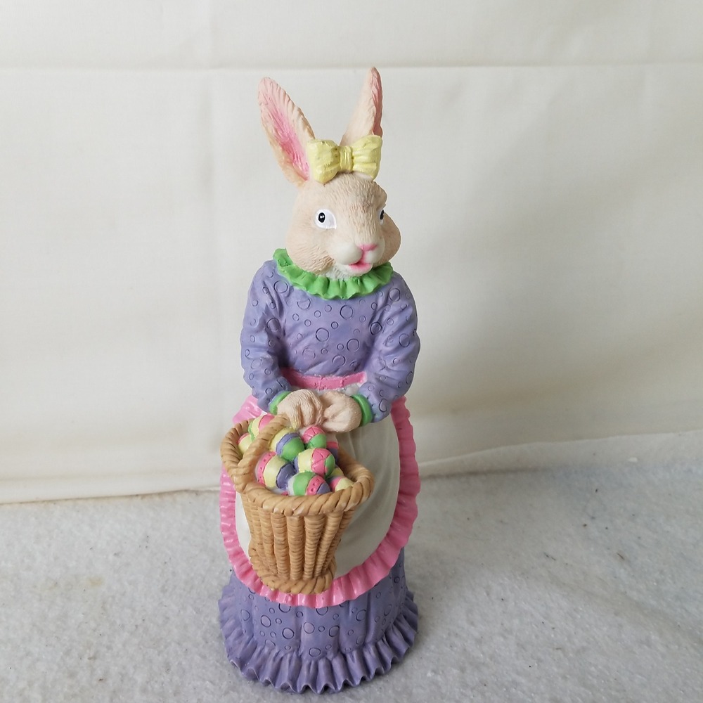 Bunny Rabbit Figurine Easter Eggs Basket Lavender Dress Spring Decor Statue